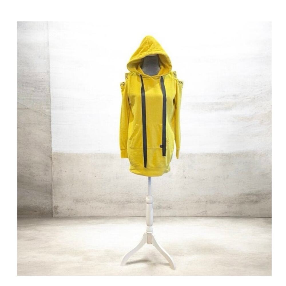Yellow Cool Cat Oversized Hoodie Cold Shoulder Size XS